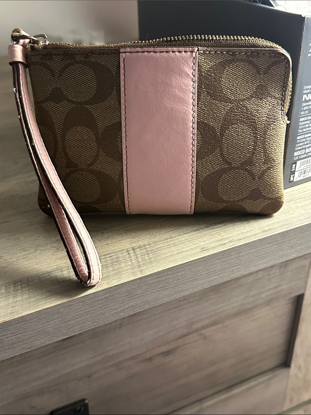 Coach Brown Signature Canvas Wristlet with Pink Center Stripe